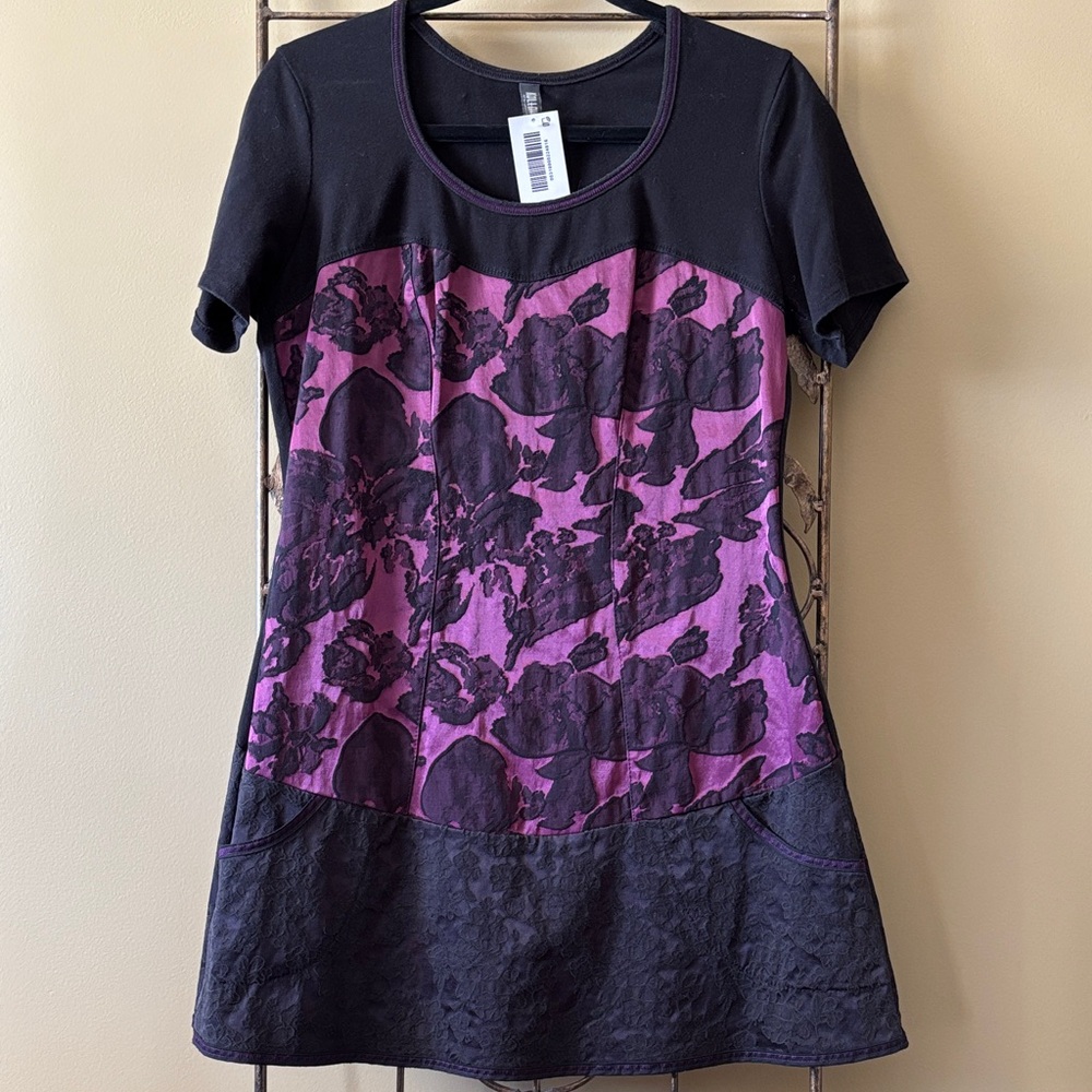 Brocade-look Black and Purple Mini Dress